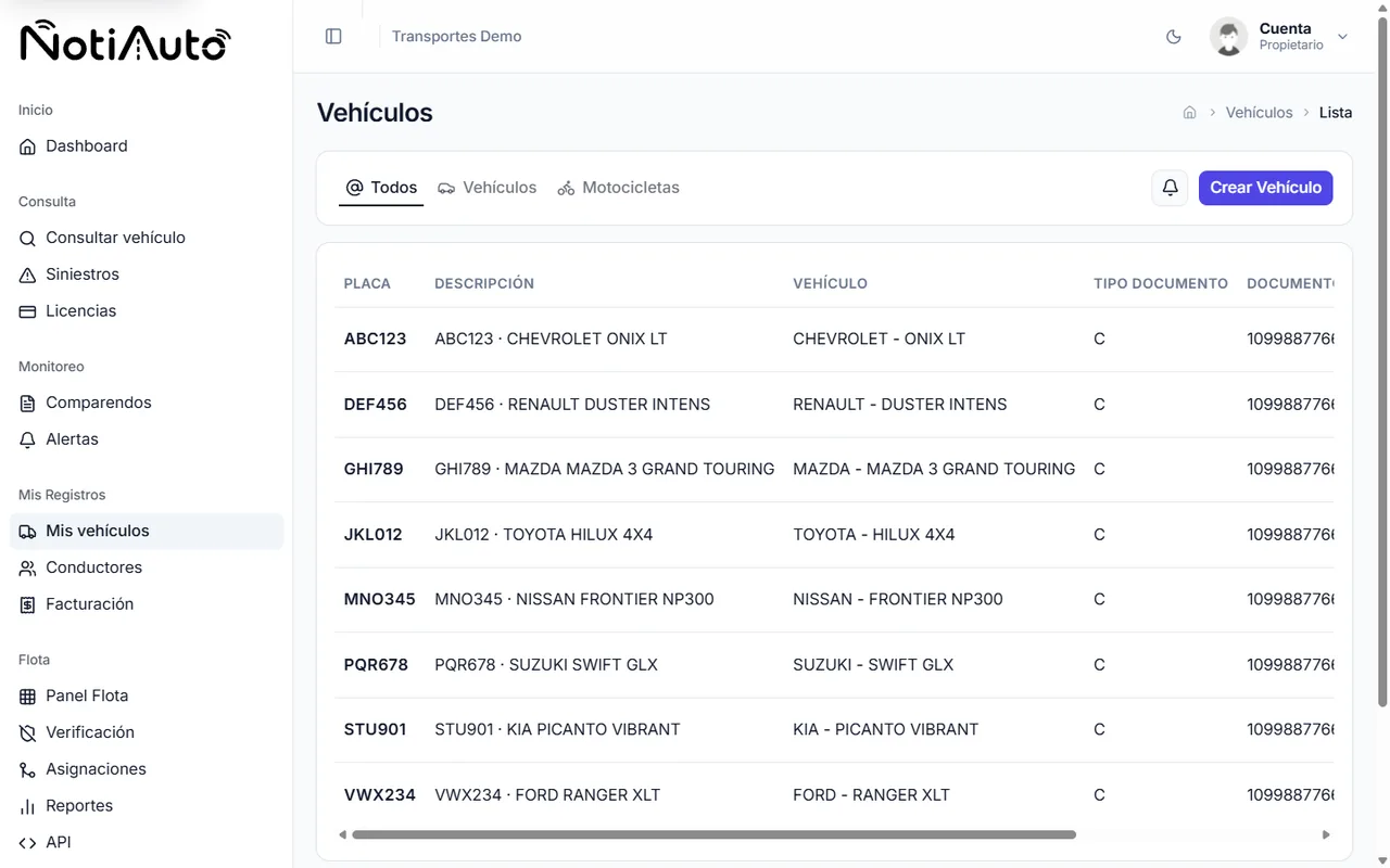 Listado de vehículos de NotiAuto mostrando placa, descripción, marca y línea de cada uno